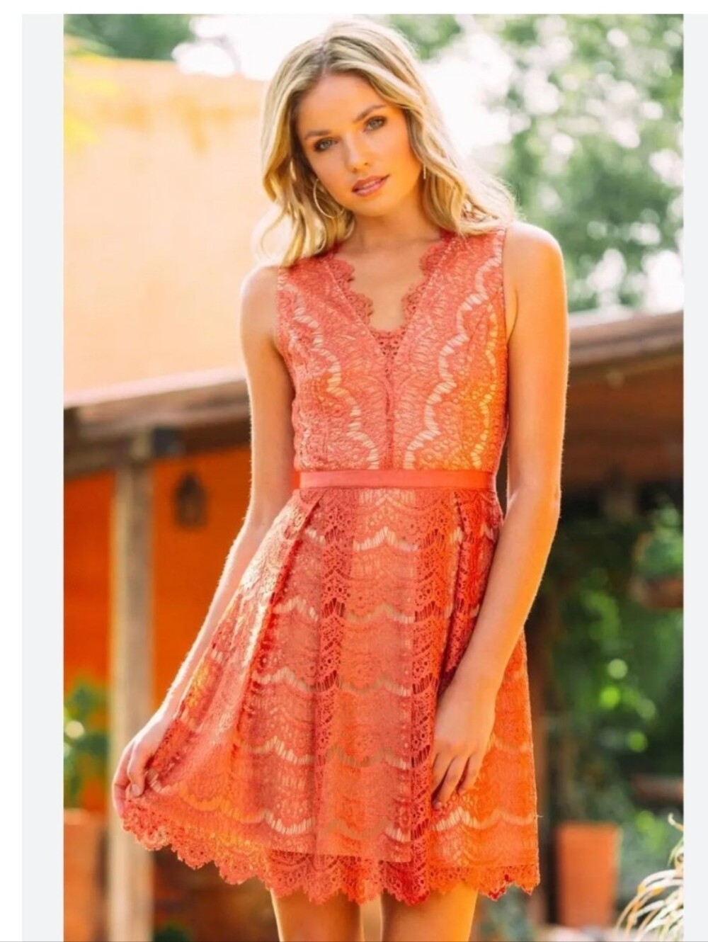 Francesca’s Women’s V-neck Crochet Lace dress Cinnamon Orange zip back XS